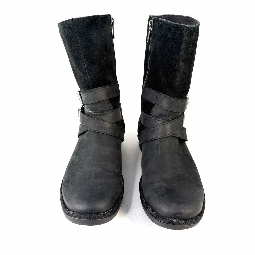 UGG Lorna Black Nubuck Leather Zip Mid Calf Boots Size 7.5 Style 1095155